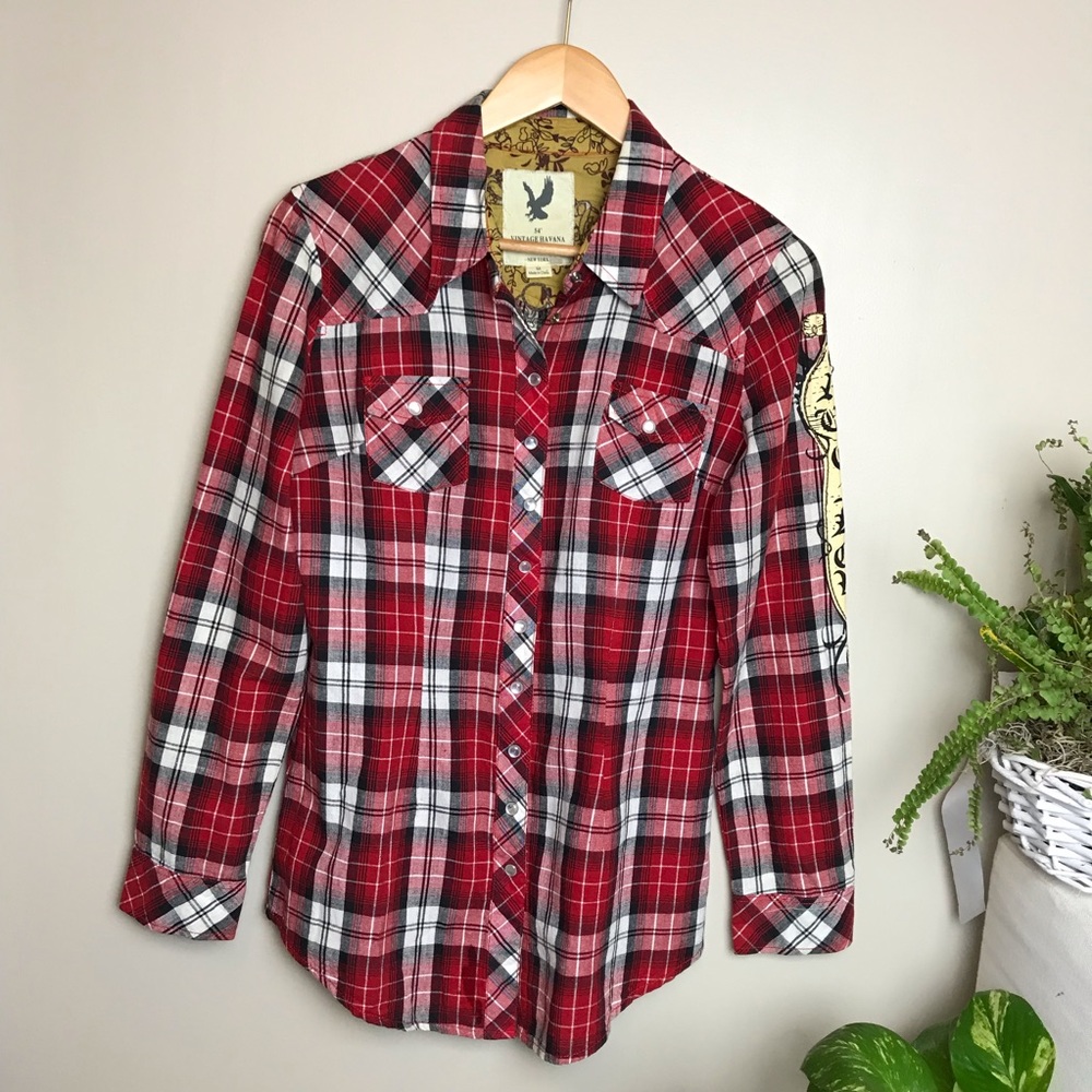 54” Vintage Havana Red Plaid Button Down Shirt - Picture 1 of 7
